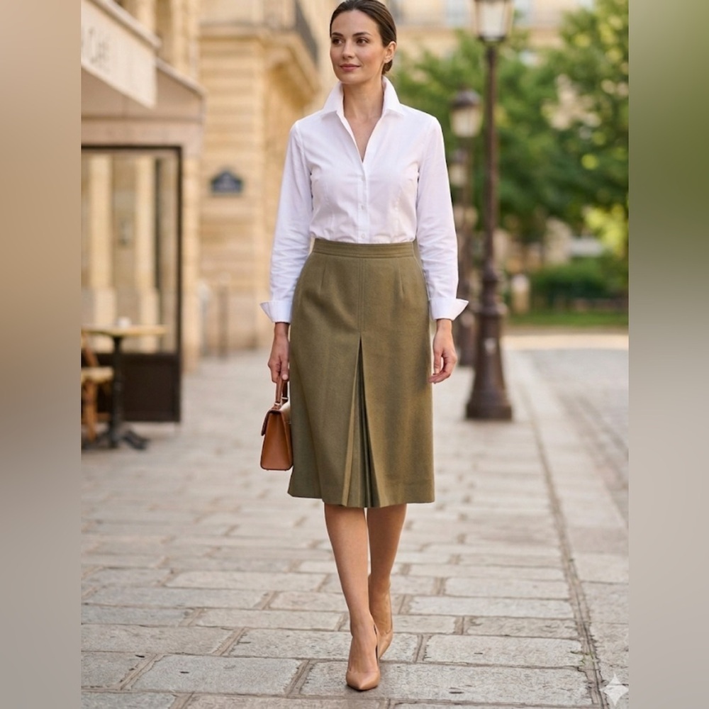 Louis Feraud Olive Green Pleated Pencil Skirt